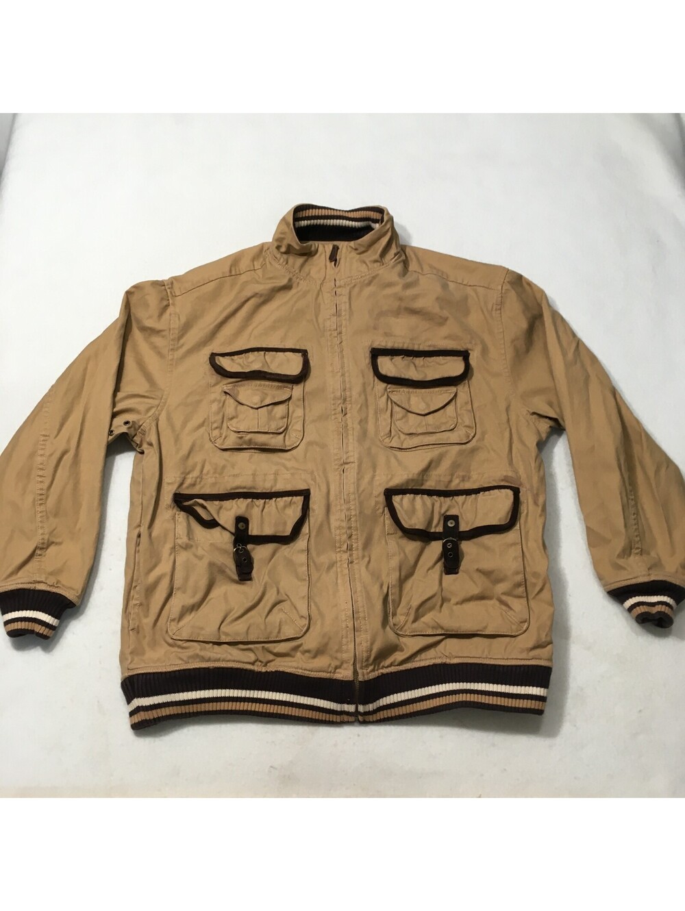 Sean John Jacket Mens XL Beige Utility Field Cargo Full Zip Lined Military type
